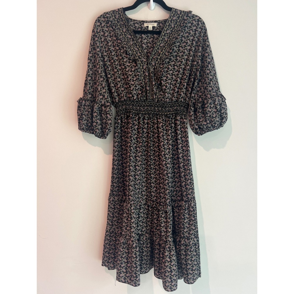 Max Studio Women Black Floral Smocked Waist Tiered Midi Dress Size L Cottagecore